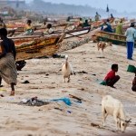 Polluted beach in the fishing town of Saint Louis, Senegal, West Africa.